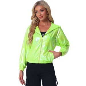 NWT Allegra K Fluorescent Green Holographic Lightweight Hooded Jacket Medium